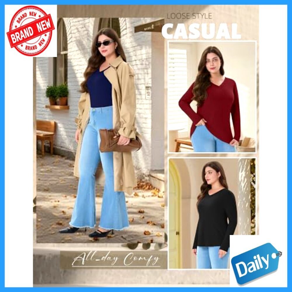 Plus Size Long Sleeve V-Neck Tunic Tops 4-Pack Loose Fit Basic Tees - Picture 6 of 7